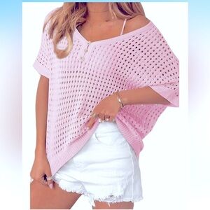 NWT DokotooV Neck Short Sleeve Casual Crochet Hollow Out Knit Tops Beach Coverup